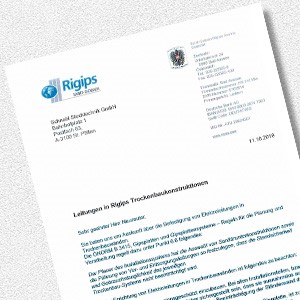 Download Zertifikat für Leitungen in Rigips Trockenbaukonstruktionen